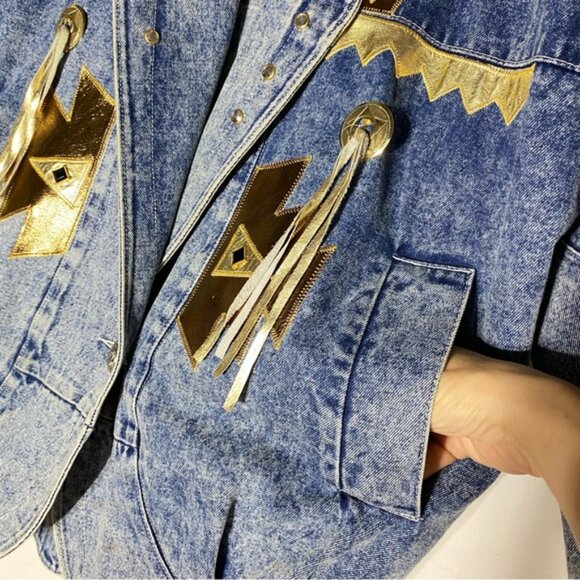 Vintage 90s Marshall Rousso Acid Wash Denim Jacket W Gold Western Accents S - Picture 7 of 16